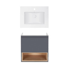 Комплект Qtap тумба підвісна Robin 600х580х437 мм Graphite/Whitish oak + раковина урізна Albatross E QT71RO44044