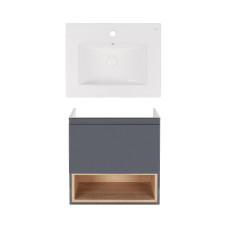 Комплект Qtap тумба підвісна Robin 600х580х437 мм Graphite/Whitish oak + раковина урізна Albatross New QT71RO44045