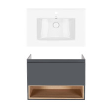 Комплект Qtap тумба підвісна Robin 700х580х437 мм Graphite/Whitish oak + раковина урізна Albatross QT71RO44048