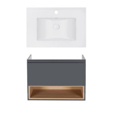 Комплект Qtap тумба підвісна Robin 700х580х437 мм Graphite/Whitish oak + раковина урізна Albatross E QT71RO44049