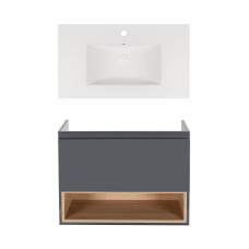 Комплект Qtap тумба підвісна Robin 800х580х437 мм Graphite/Whitish oak + раковина урізна Albatross New QT71RO44055