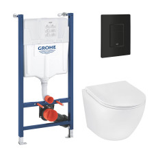 Комплект 4 в 1: Інсталяція Grohe Solido 2 в 1 38971000 + Панель змиву для унітаза Grohe Even 389662430 + Унітаз підвісний безобідковий Kroner Harz WHI493736 RIMLESS з сидінням Slim Duroplast / Soft-close / Quick relase KH493736WHIR (38971966243KH49R)